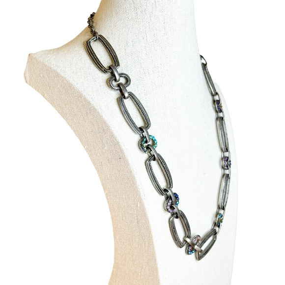 Chico's AB Rhinestone Pewter Rectangle Chain Link Statement Necklace - Picture 4 of 7